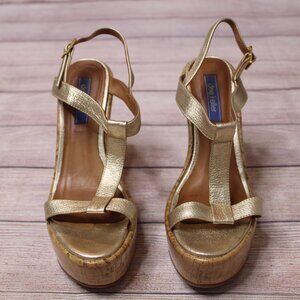 Dee Keller Gold Wedges with Cork Patterned Heel